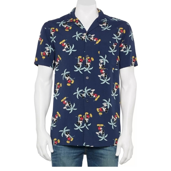 Disney x Mickey Mouse Shirt XL Blue Button Up Hawaiian Palm Trees Camp E… - Picture 1 of 10
